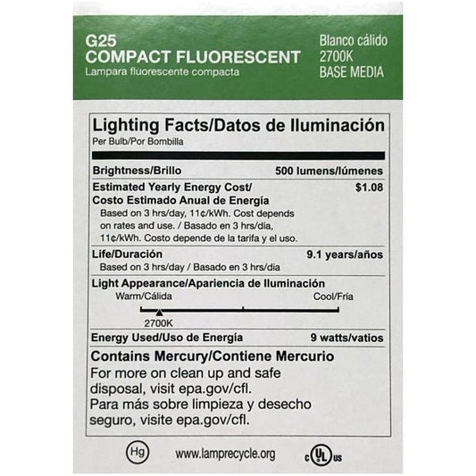 Halco ProLume 9W Decorative Globe G25 CFL Bulb - Warm White (1 Count) 40W Replacement - DollarFanatic.com