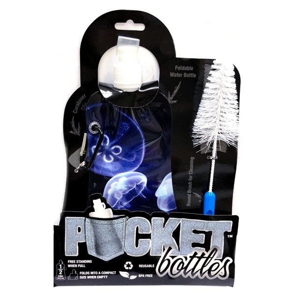 Pocket Bottles Water Bottle with Carabiner Clip & Cleaning Brush - Jellyfish (16.9 fl. oz.) Foldable, Reusable, BPA Free - DollarFanatic.com