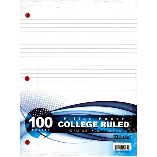Bazic College Ruled Loose - Leaf Filler Notebook Paper - 8" x 10 - 1/2" (100 Sheets) Fits in 3 - Ring Binders - Dollar Fanatic