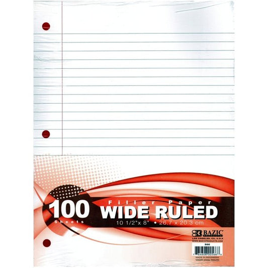 Bazic Wide Ruled Loose - Leaf Filler Notebook Paper - 8" x 10 - 1/2" (100 Sheets) Fits in 3 - Ring Binders - Dollar Fanatic