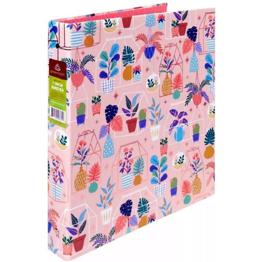 GreenRoom 1" Hardcover 3 - Ring Notebook Binder - Pink (Floral Plant Terrarium Design) - Dollar Fanatic