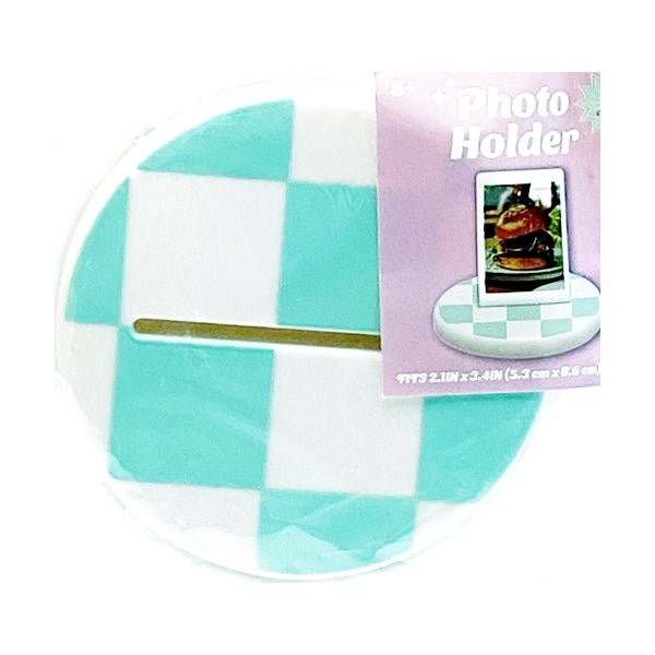 Horizon Checkered Round Photo Holder Stand - Mint/White (Holds 2.1" x 3.4" Wallet Size Picture) - Dollar Fanatic